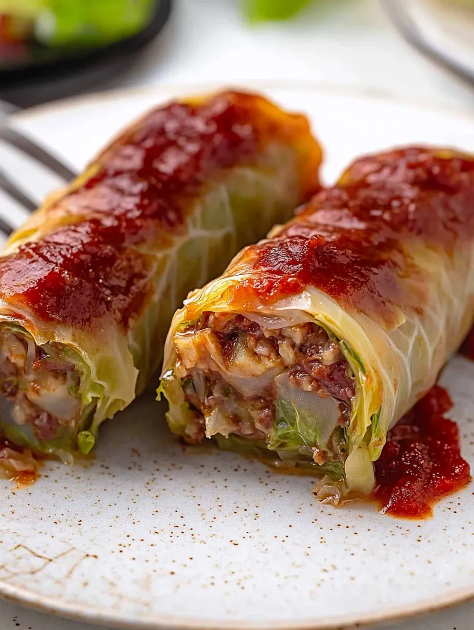 Two stuffed cabbage rolls with tomato sauce.