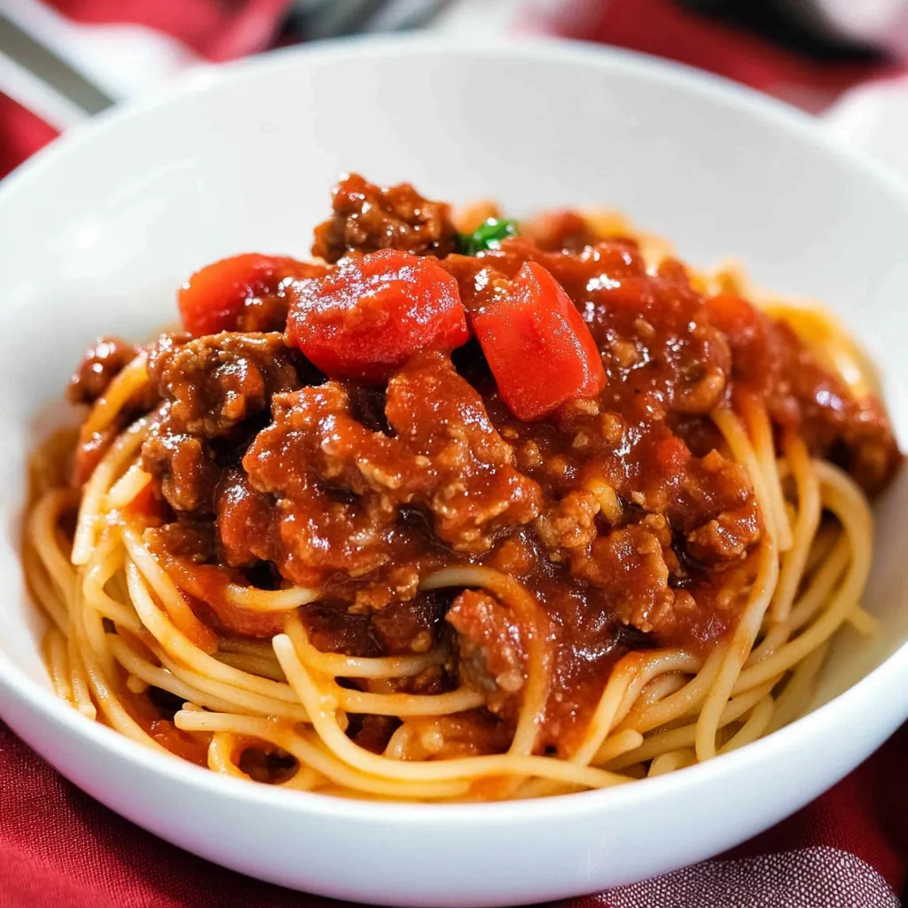 A bowl of spaghetti with meat sauce.