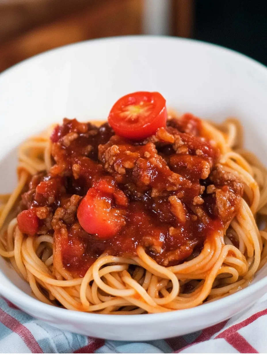 A bowl of spaghetti with tomatoes and meat.