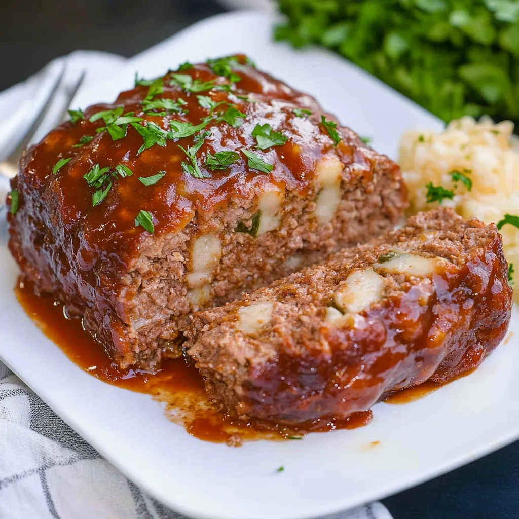 A meatloaf dish with gravy on a white plate.