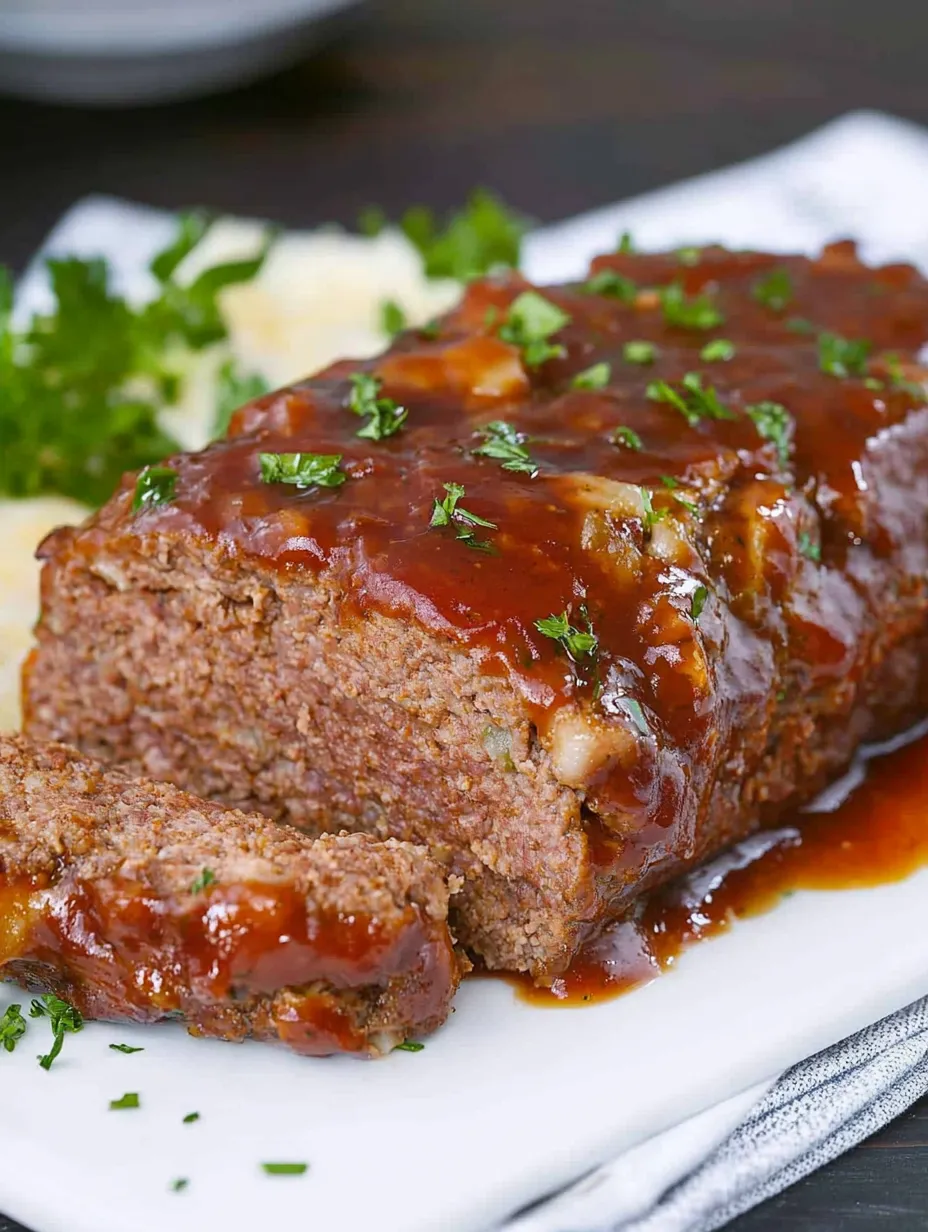 A piece of meatloaf with a brown sauce on a plate.
