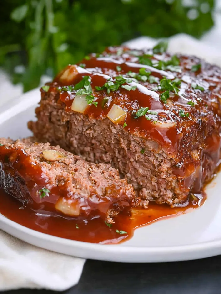 A slice of meatloaf with onions and gravy.
