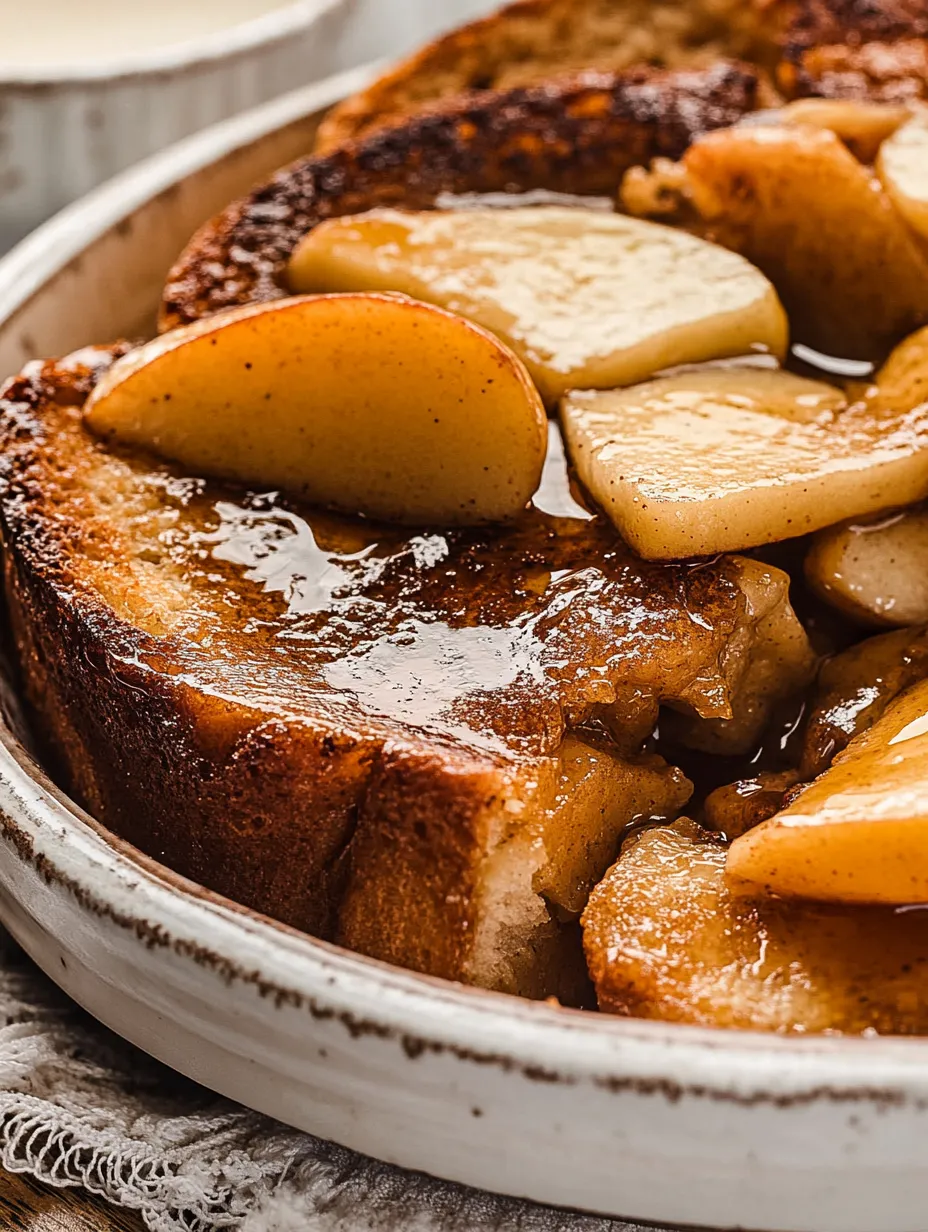 A close up of a delicious looking baked apple french toast.