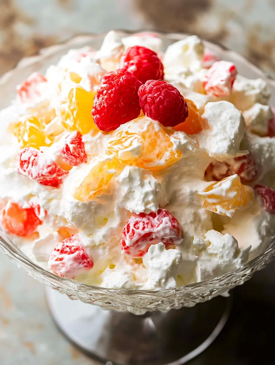 A bowl of ambrosia salad with raspberries and orange slices.