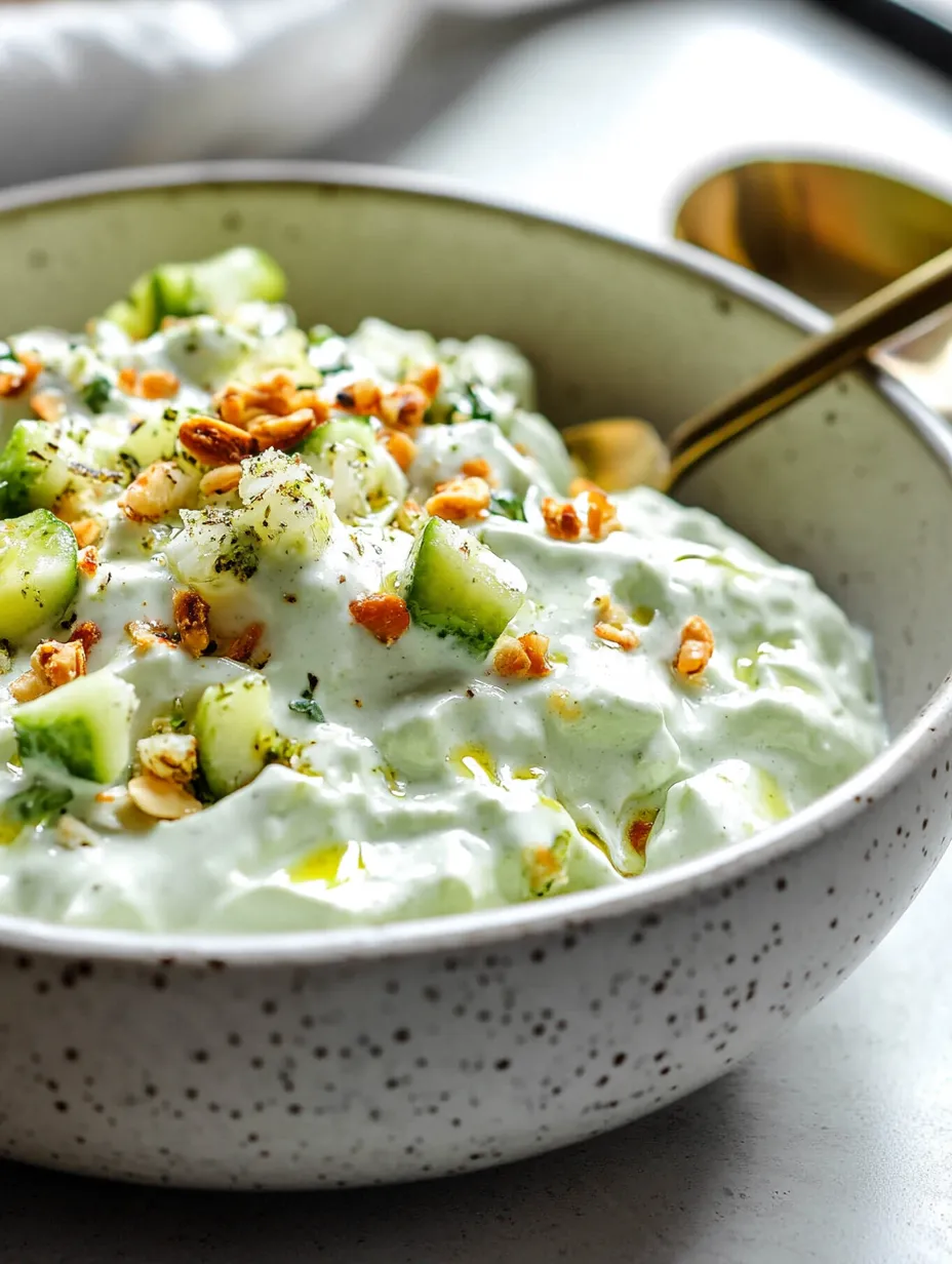 A bowl of watergate salad with cucumbers, walnuts, and dressing.