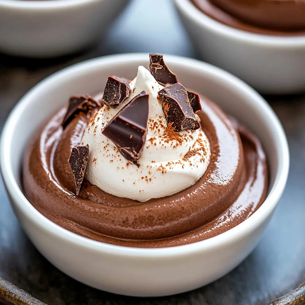 A bowl of chocolate mousse with whipped cream on top.