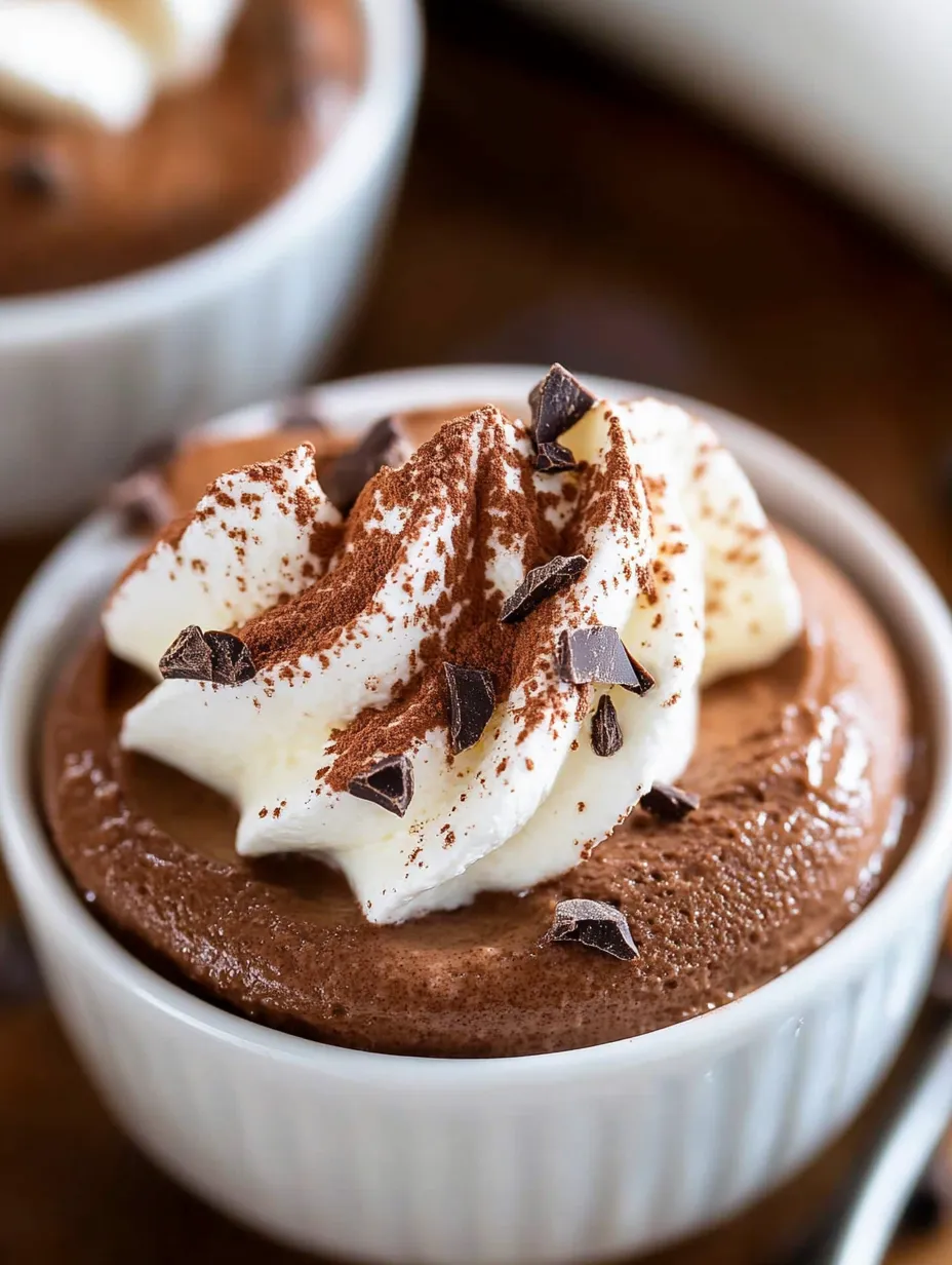 A chocolate mousse dessert with whipped cream on top.