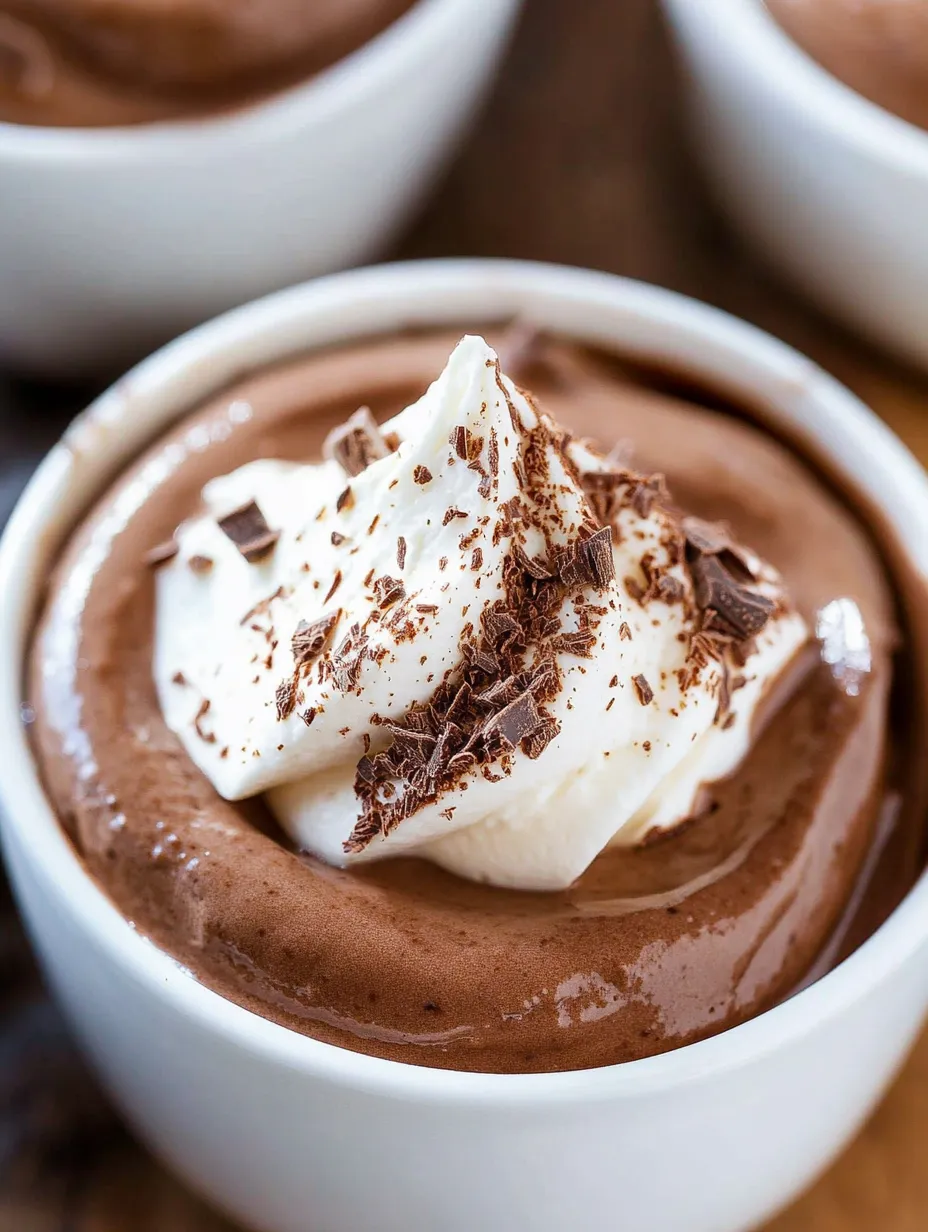 A bowl of chocolate mousse with whipped cream on top.