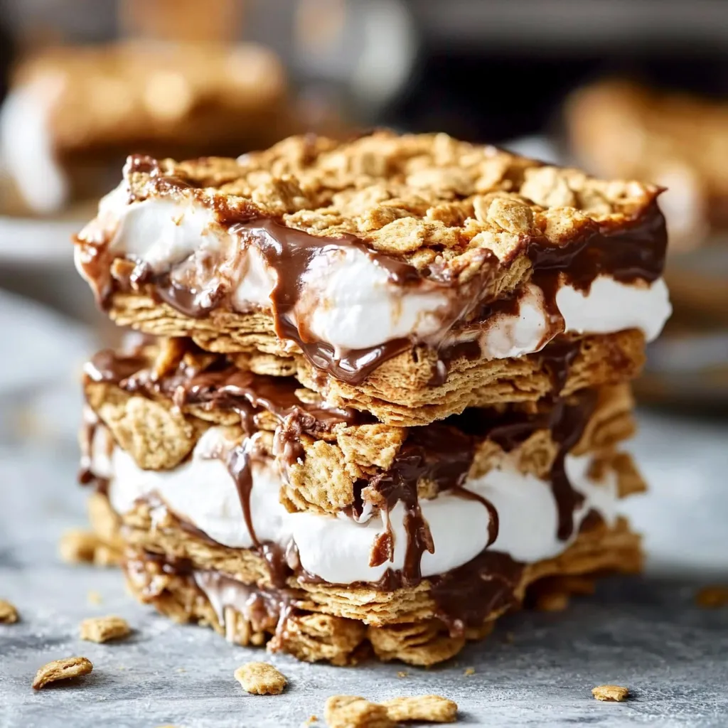 A stack of three s'mores with chocolate drizzled on top.