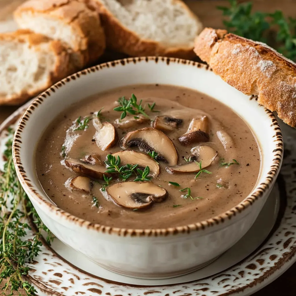 A bowl of mushroom soup with a slice of bread on the side.