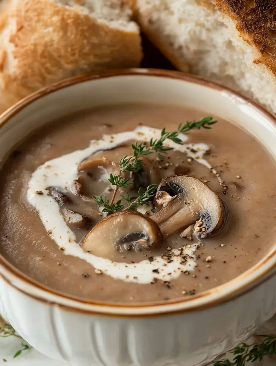 A bowl of soup with mushrooms and herbs.