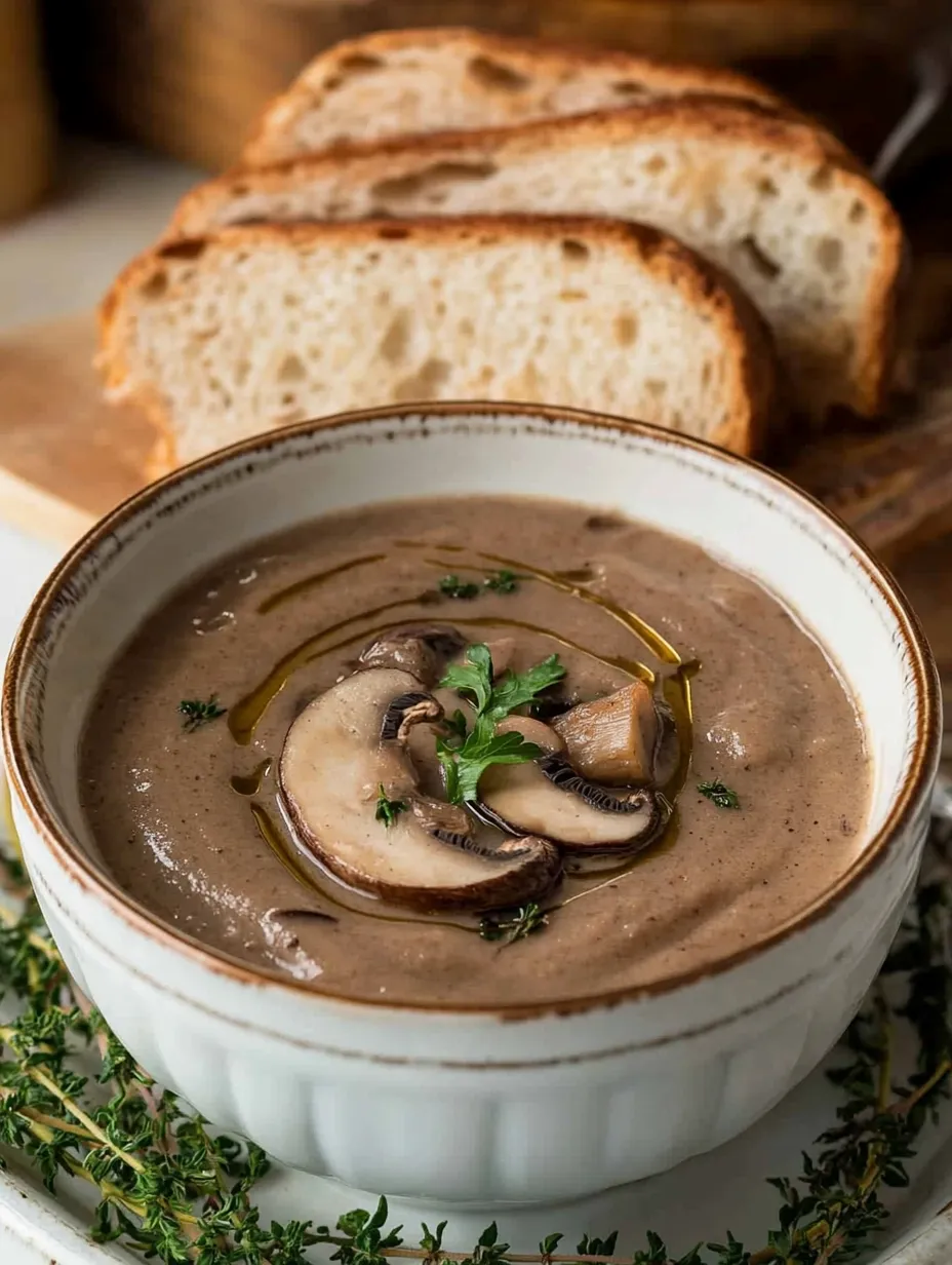 A bowl of soup with mushrooms and herbs.