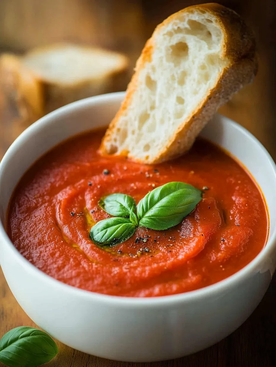 A bowl of soup with a slice of bread and a basil leaf on top.