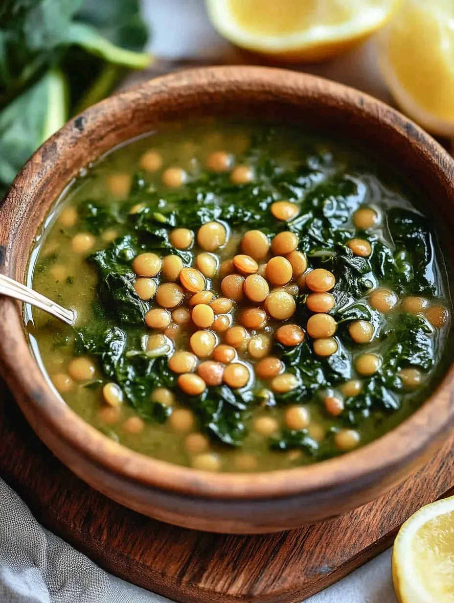 A bowl of soup with lentils and spinach.