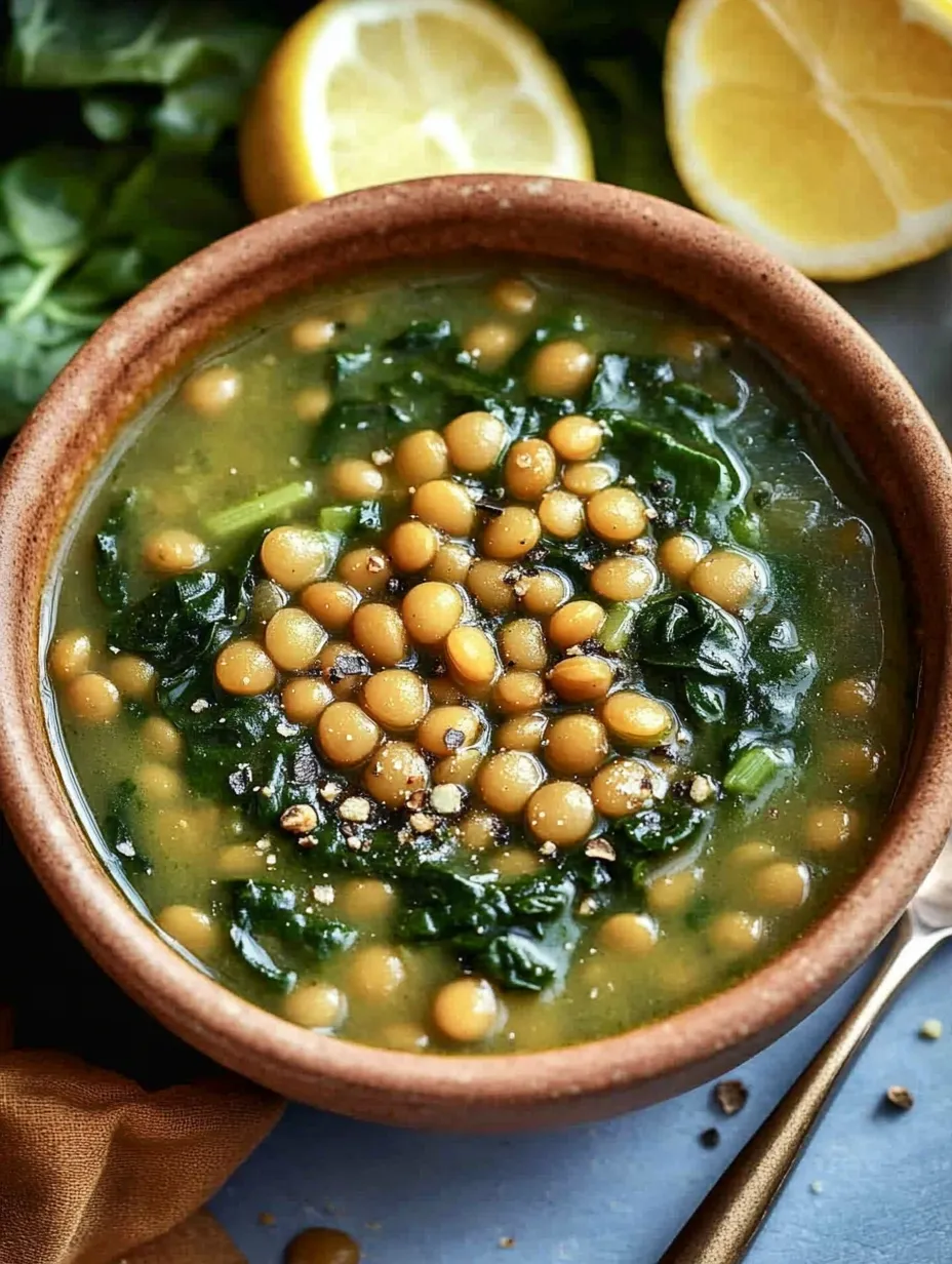A bowl of lentil and spinach soup.