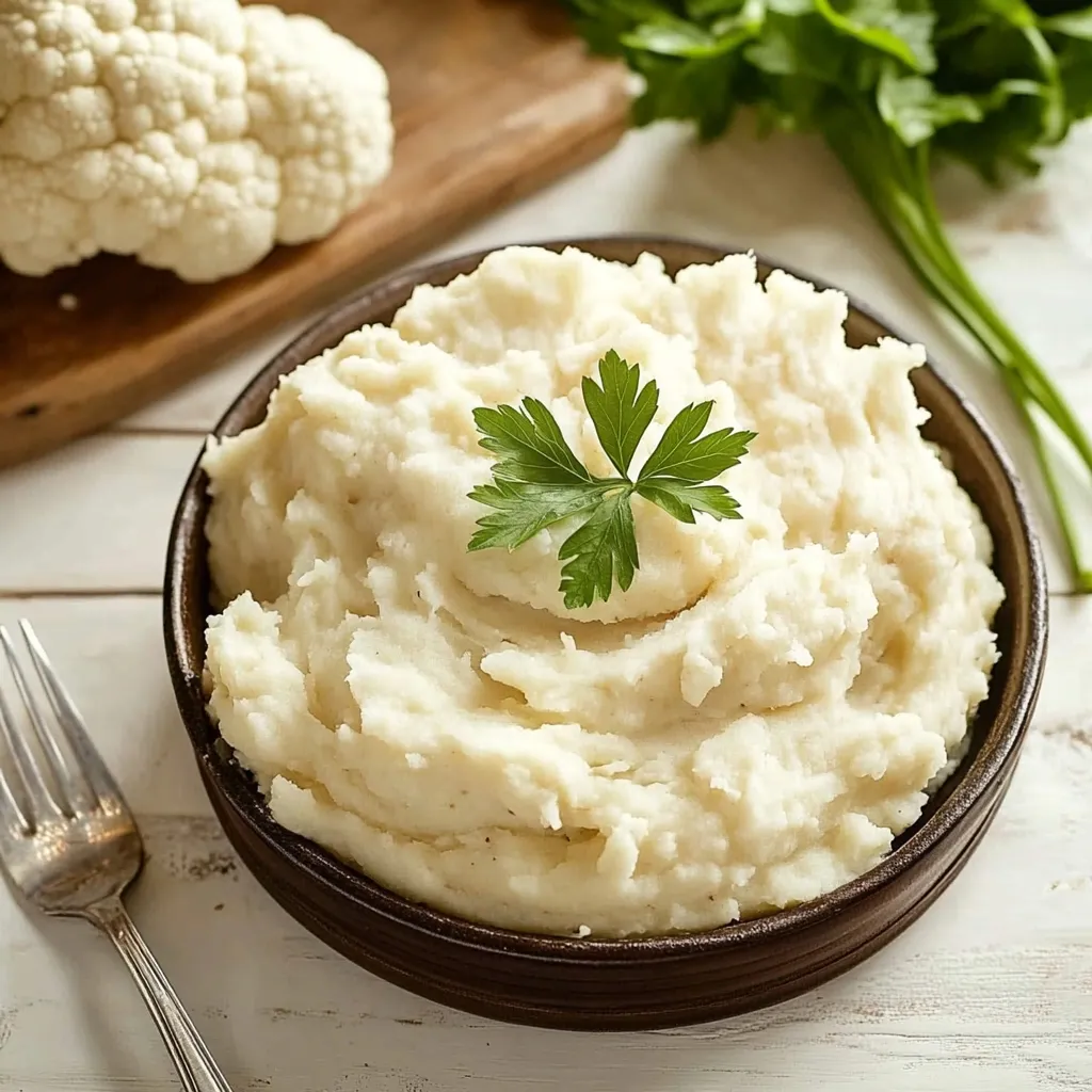 A bowl of mashed cauliflower with a green herb on top.