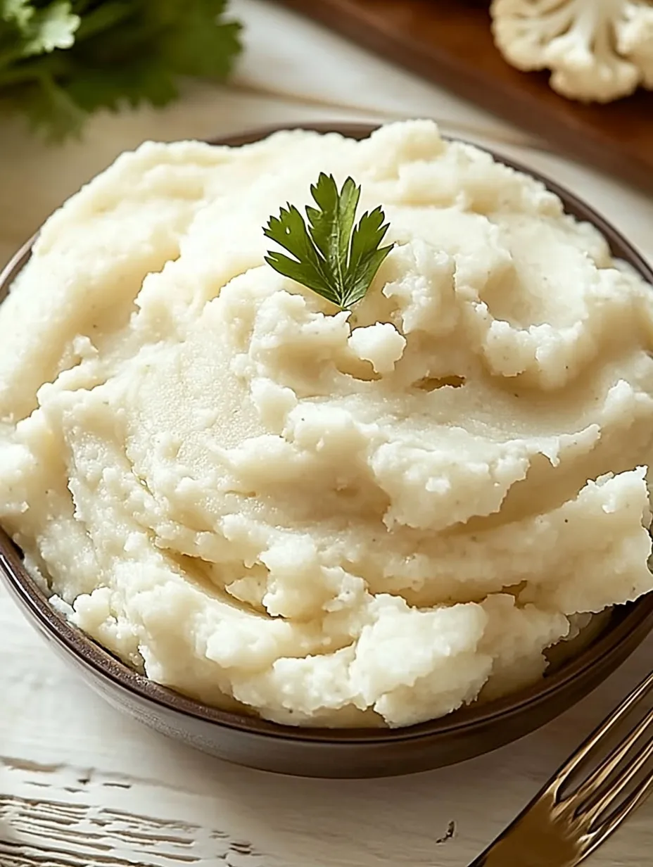 A bowl of mashed potatoes with a green herb on top.