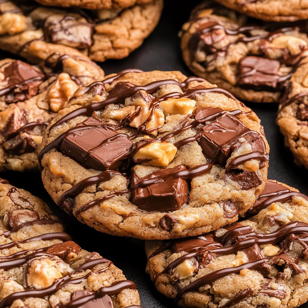 A plate of cookies with chocolate and caramel drizzle.