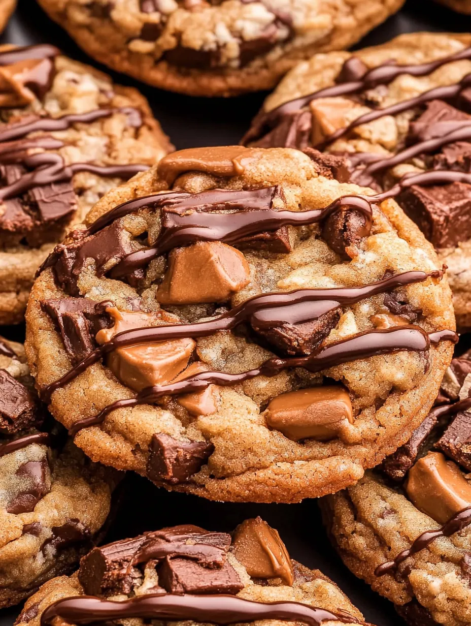 A close up of a chocolate chip cookie with caramel drizzled on top.