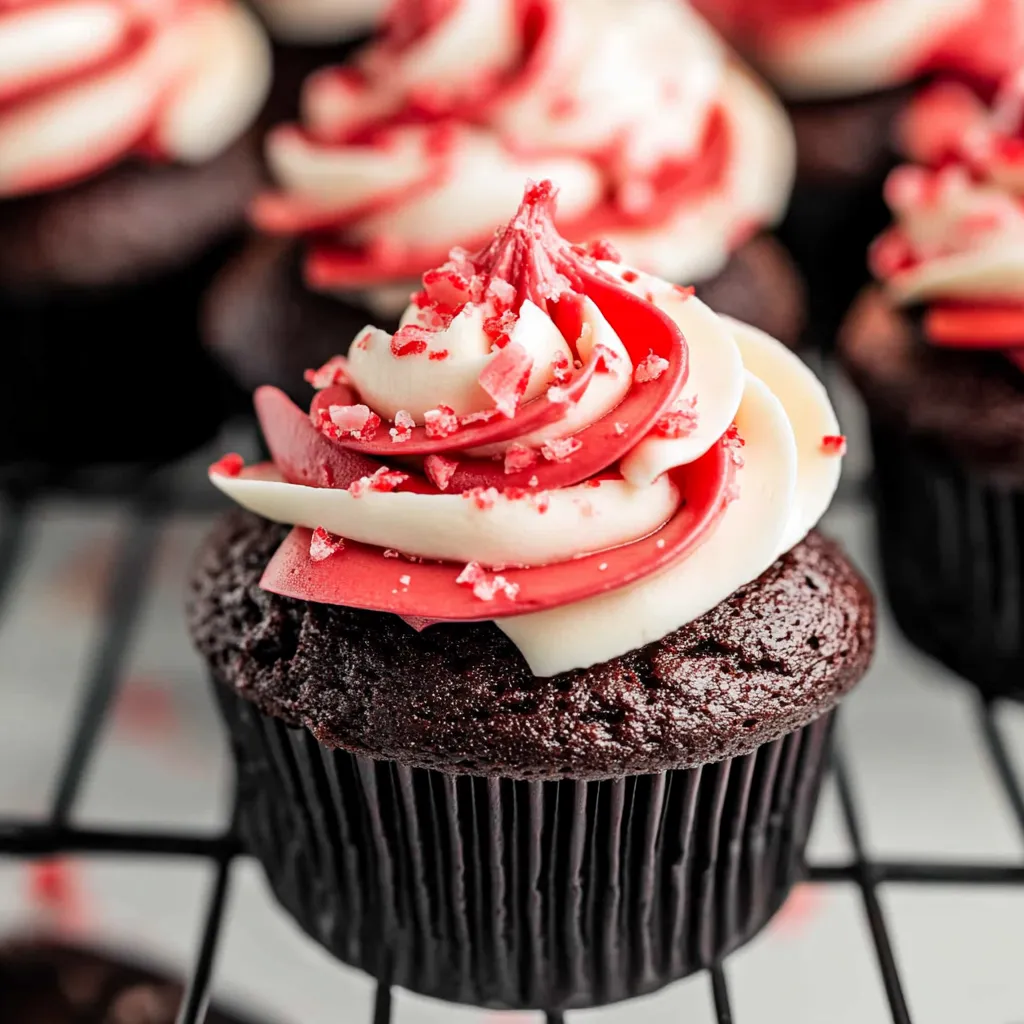 A cupcake with red and white frosting.