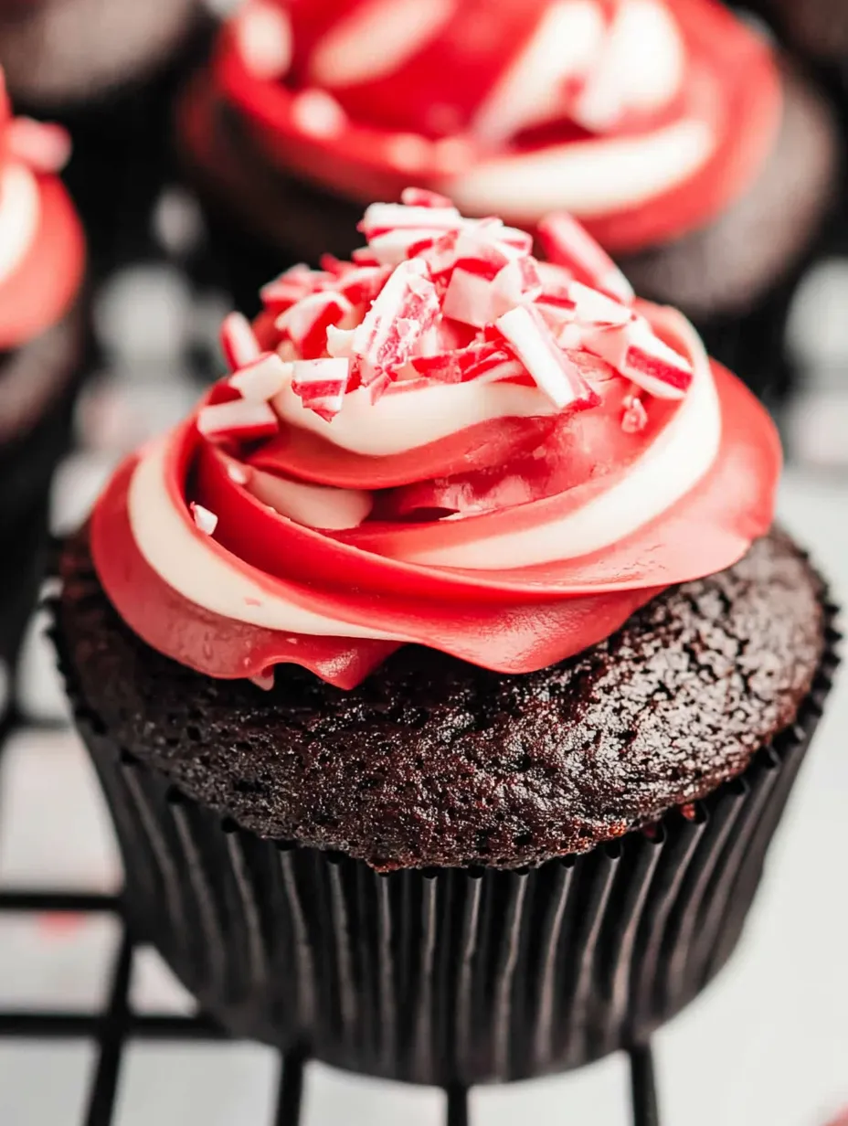 A chocolate cupcake with a red and white striped frosting.