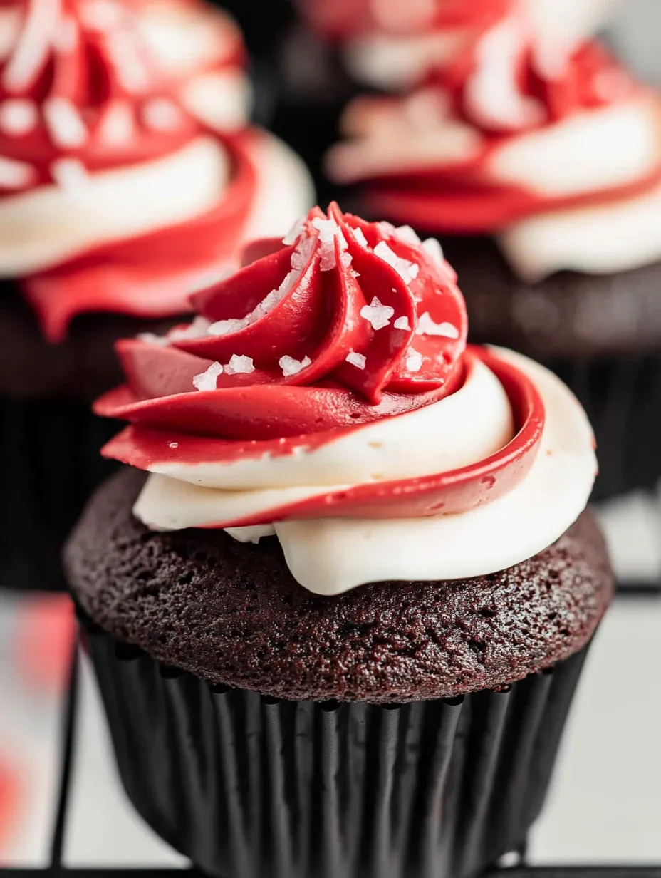 A cupcake with red frosting and white sprinkles.