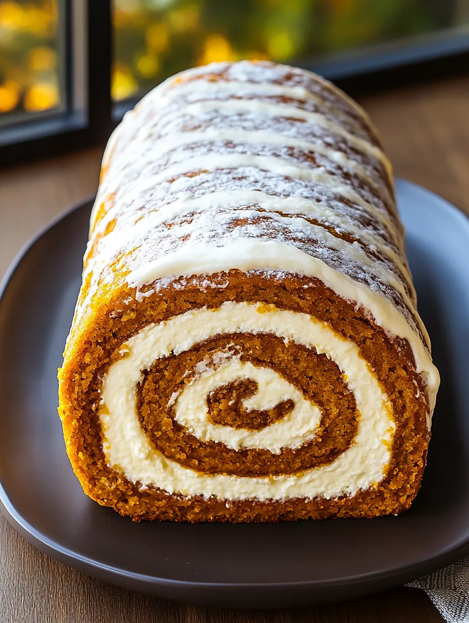 A pumpkin roll with white icing.