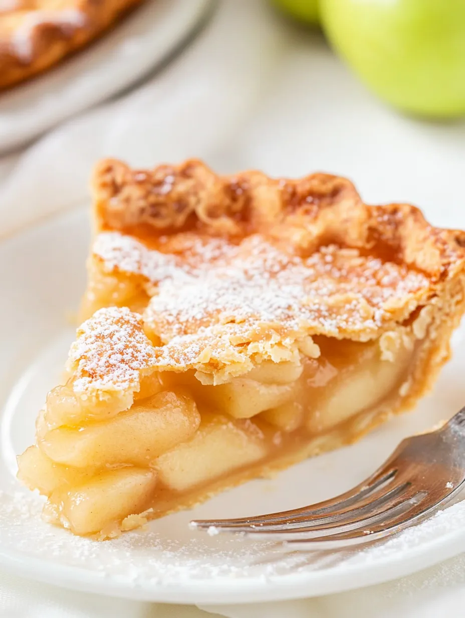 A slice of apple pie with powdered sugar on top.