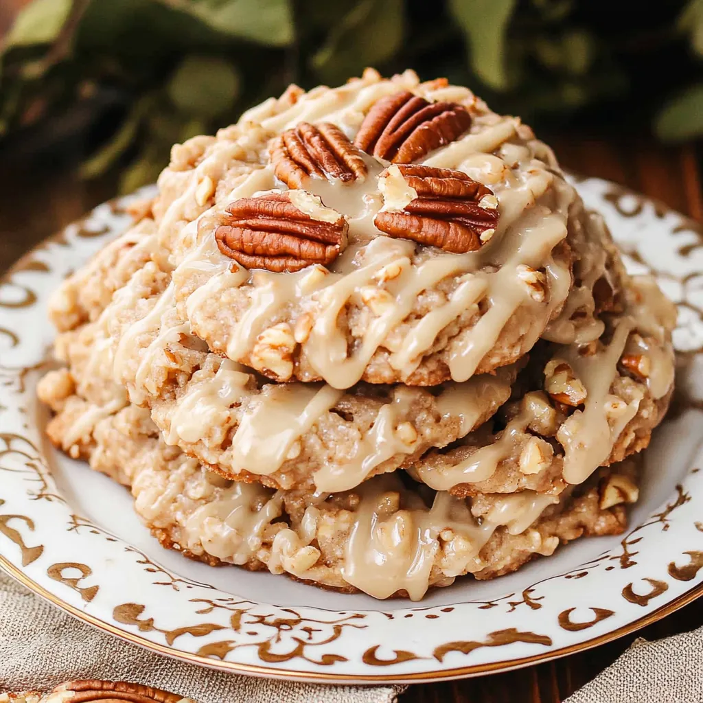 A stack of pecan cookies on a plate.