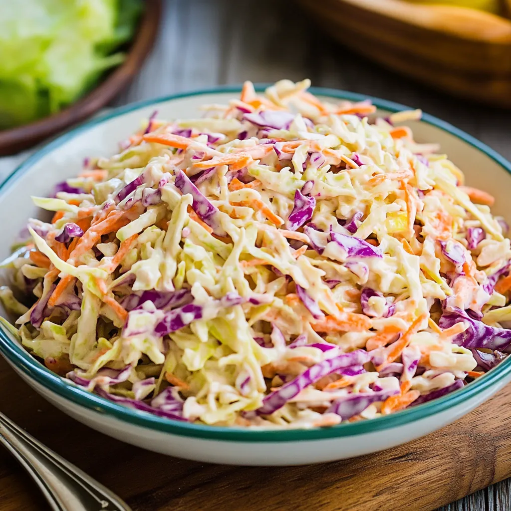A bowl of coleslaw with a fork on a table.