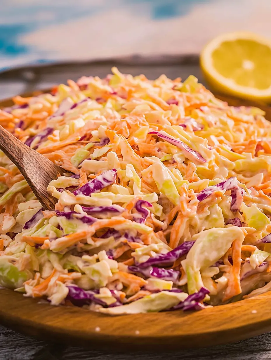 A wooden serving platter filled with a delicious coleslaw.