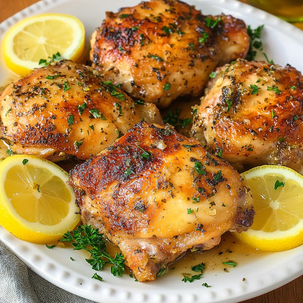 A plate of chicken thighs with lemon wedges on top.
