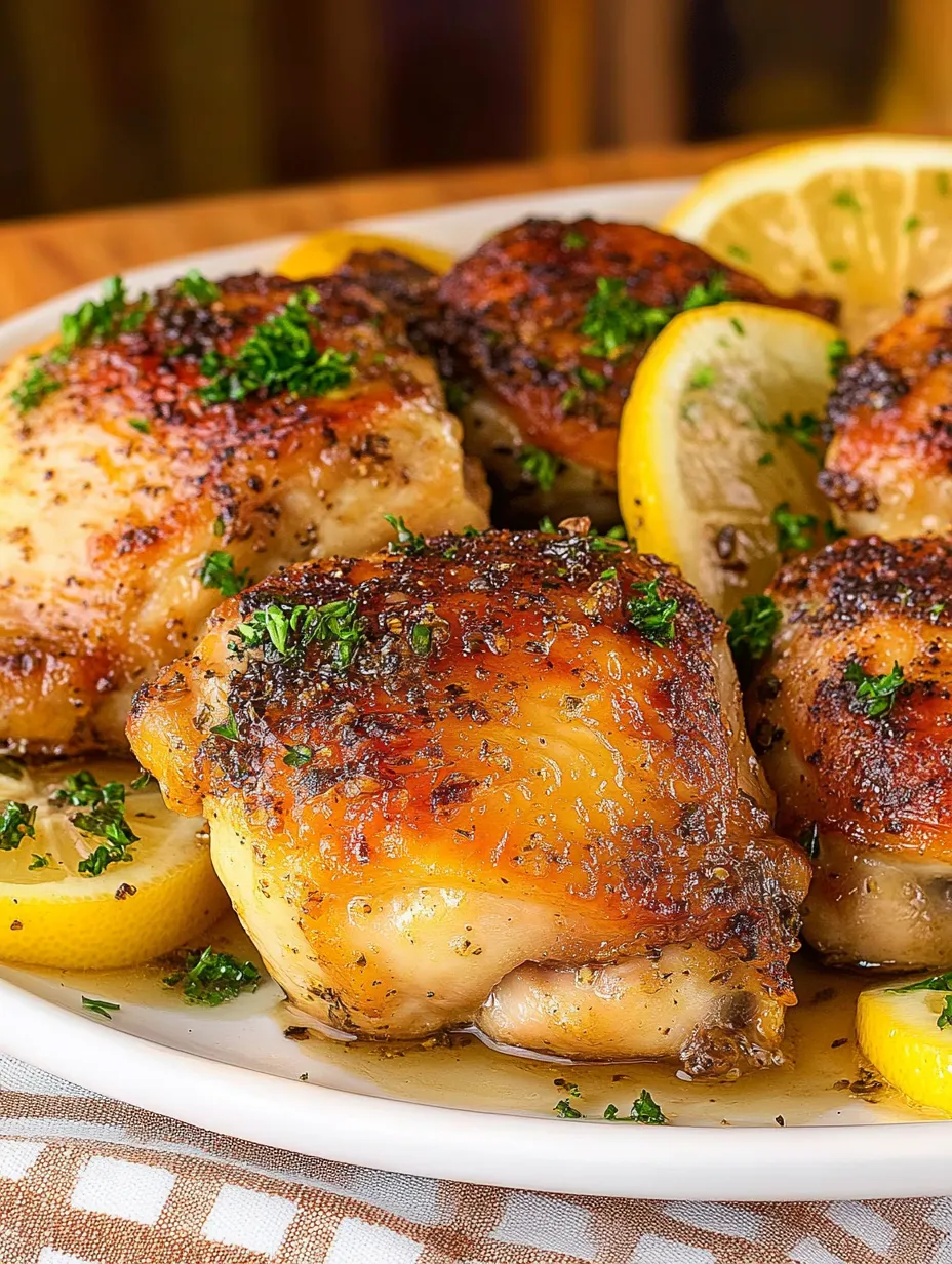 A plate of chicken thighs with lemon and garlic.