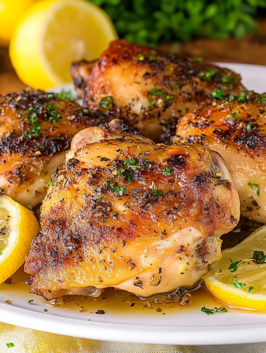 Lemon garlic chicken thighs on a plate.