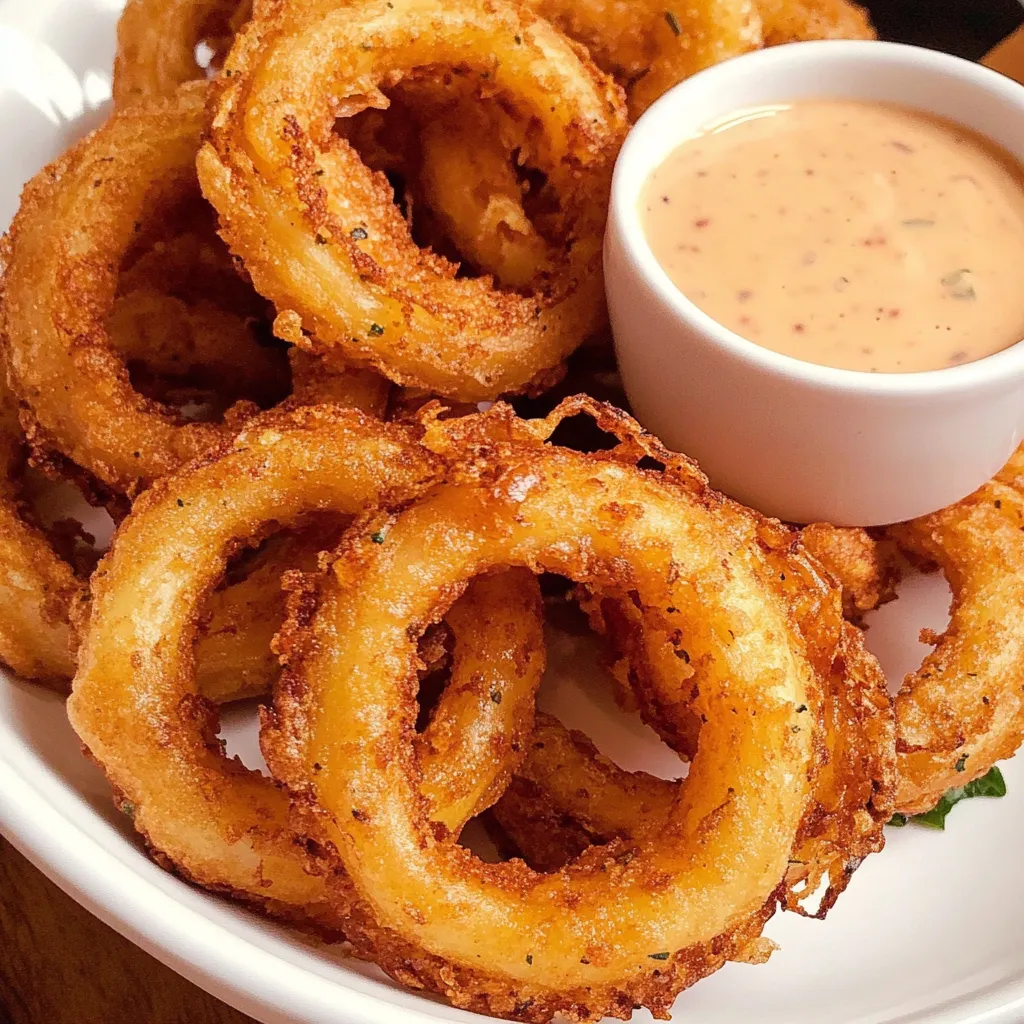 A plate of onion rings with a dipping sauce.