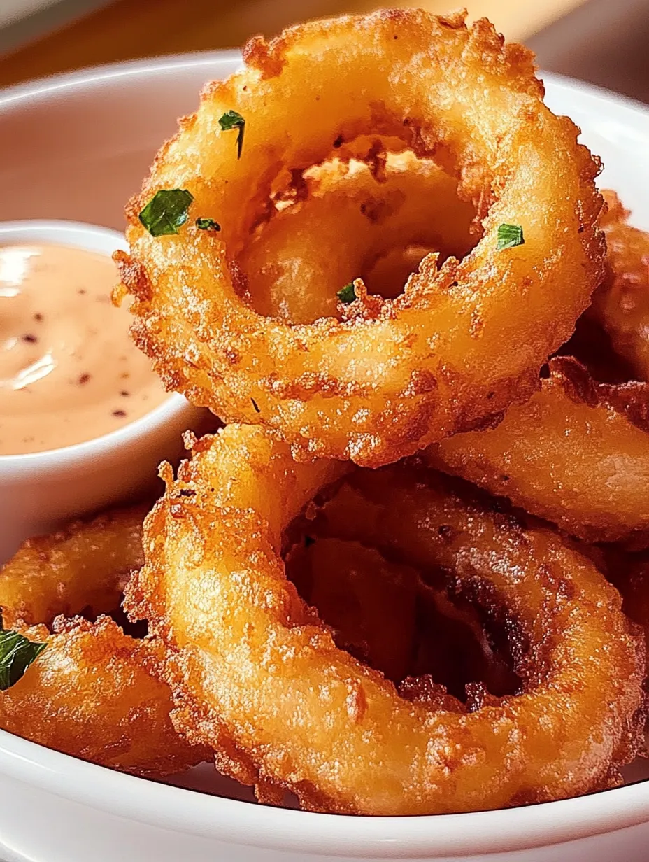 A plate of onion rings with a dipping sauce.