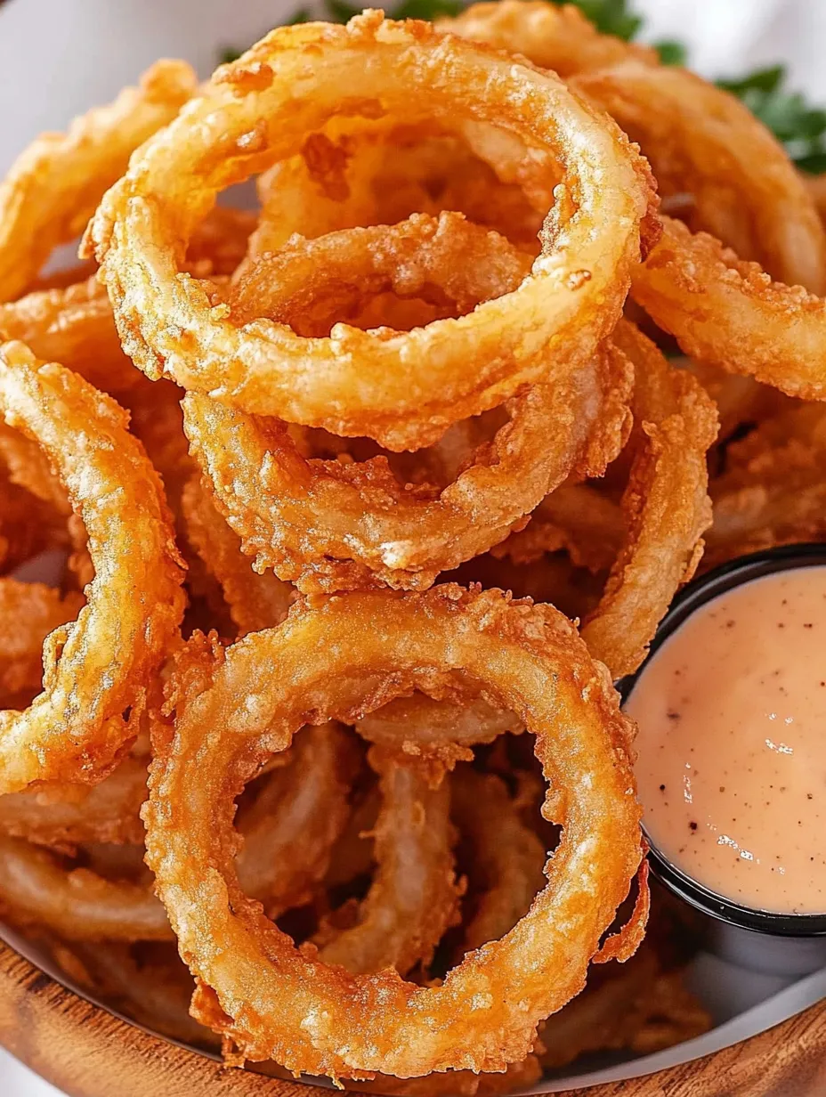 A plate of onion rings with a dipping sauce.