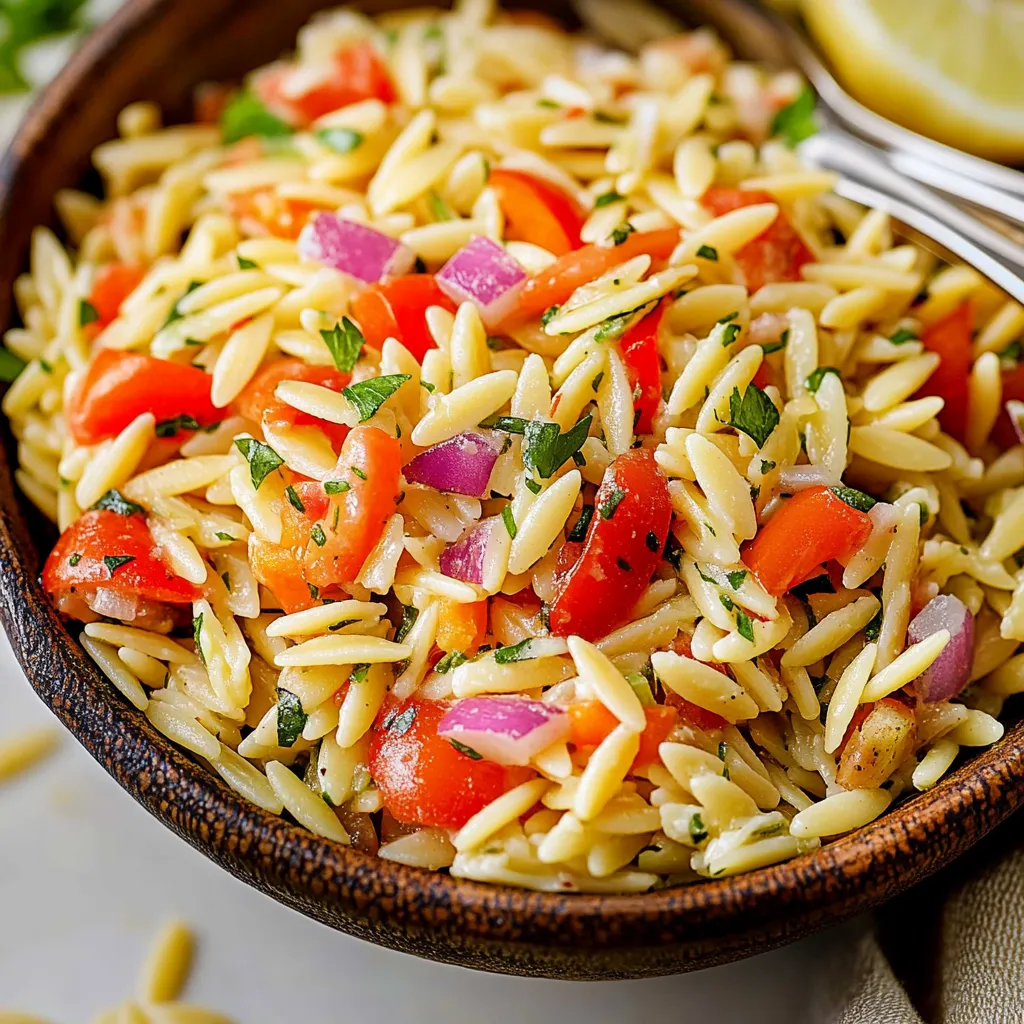 A bowl of pasta salad with tomatoes, onions, and basil.