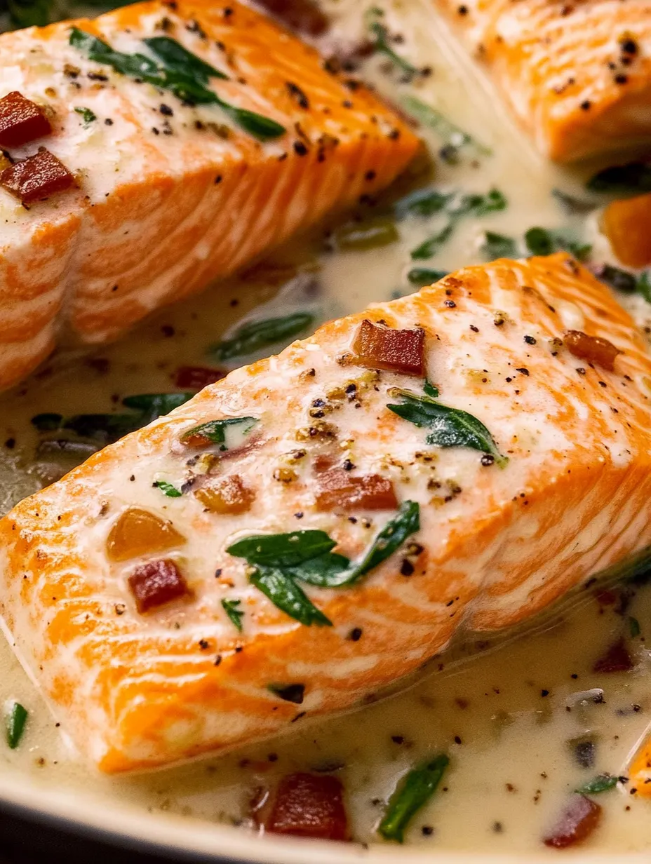 A dish of cooked salmon with a creamy sauce.