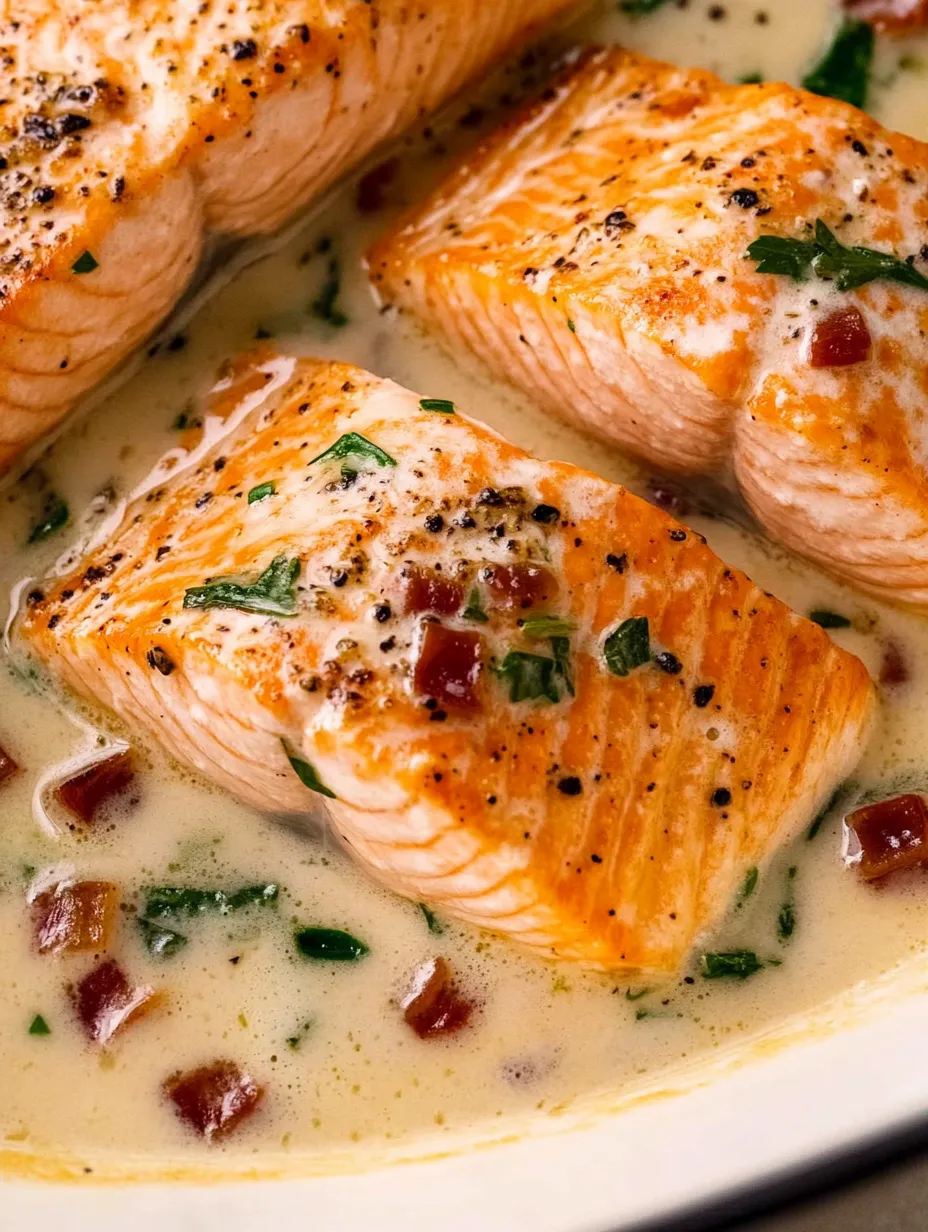 A dish of cooked salmon with a creamy sauce.
