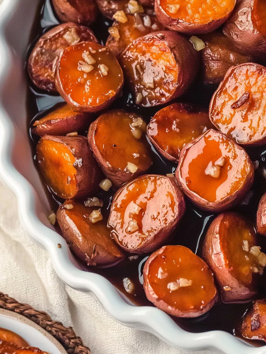 A white bowl filled with maple roasted sweet potatoes.