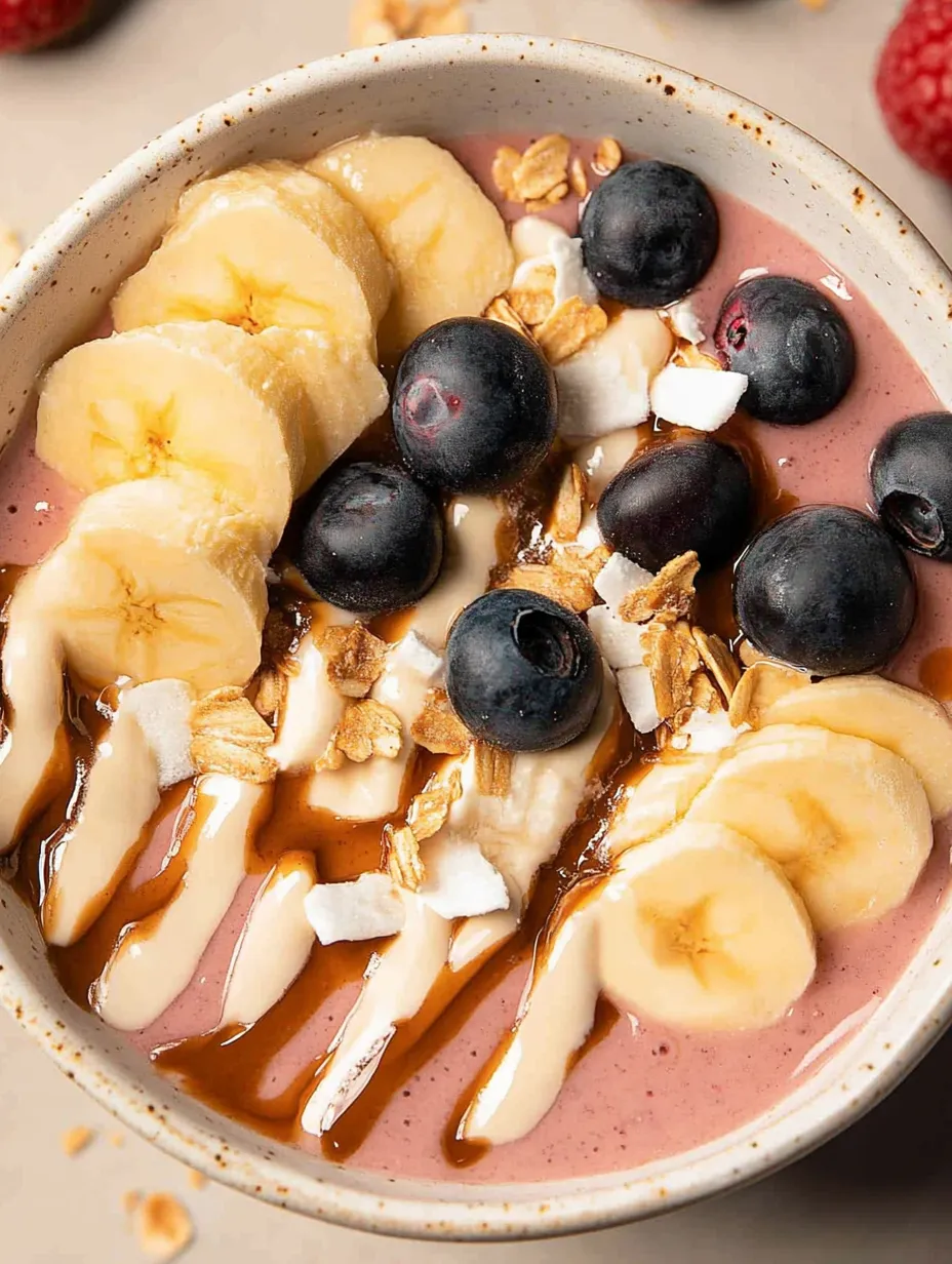 A smoothie bowl with bananas, blueberries, and yogurt.