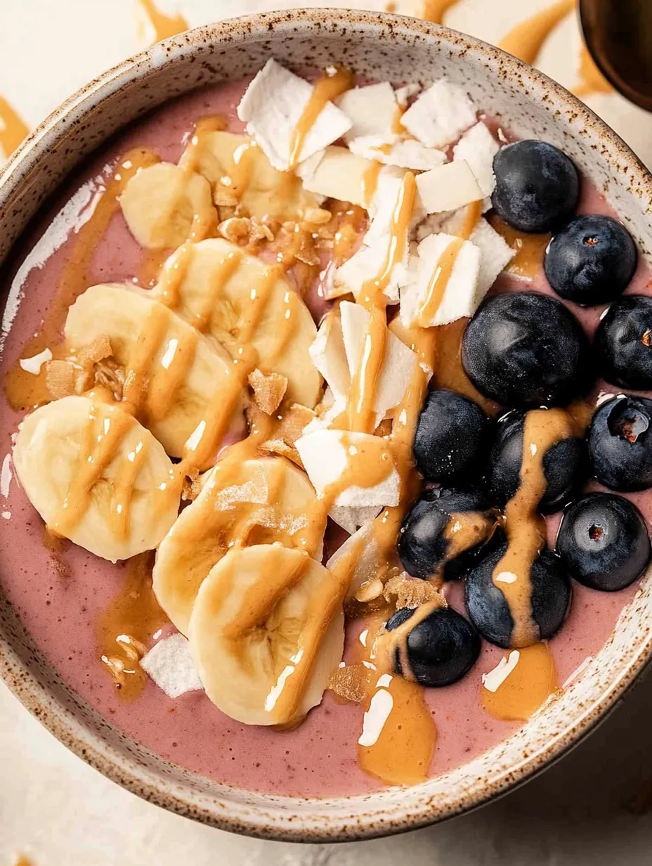 A smoothie bowl with bananas, blueberries, and caramel drizzle.