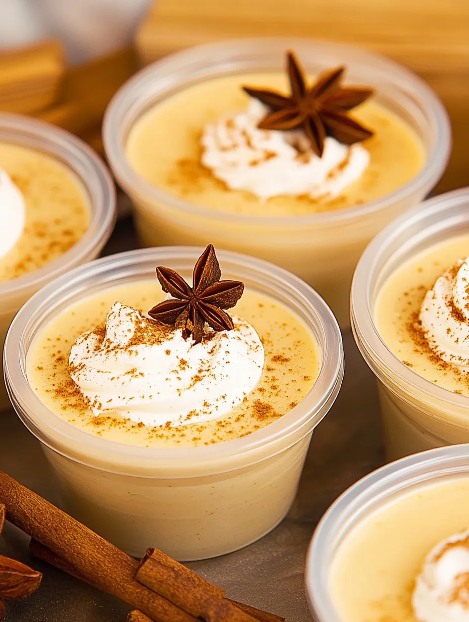 A close up of a cup of eggnog pudding with whipped cream.