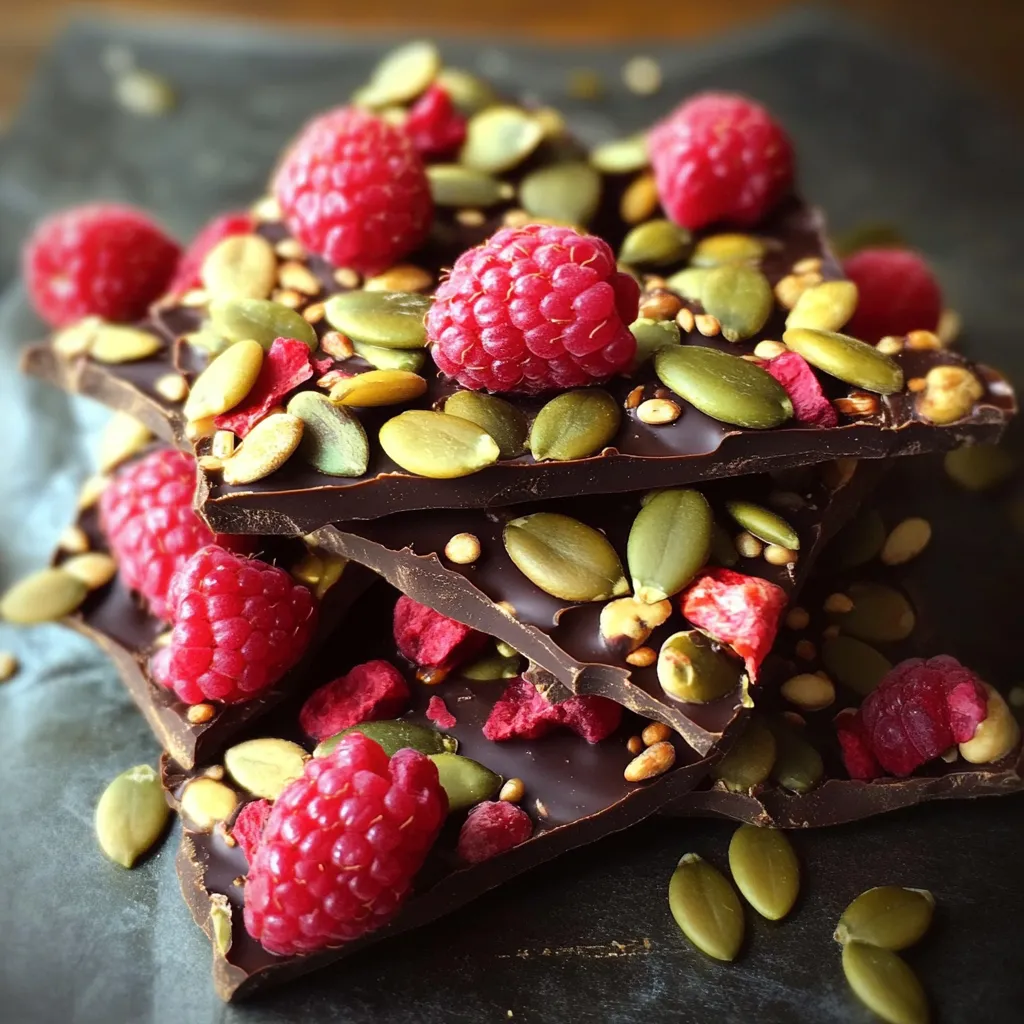 A close up of a chocolate bar with raspberries and pumpkin seeds.