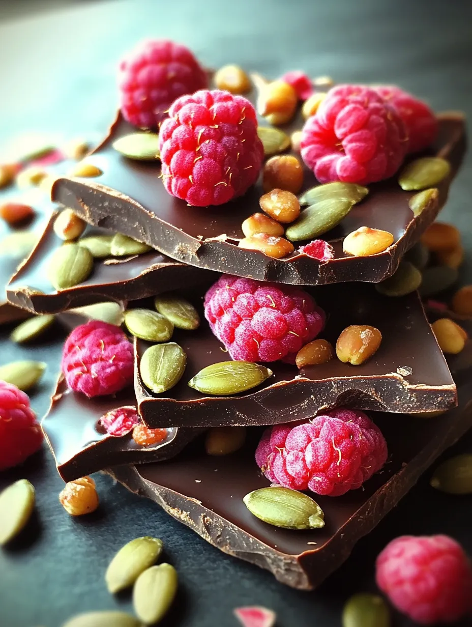A close up of a chocolate bar with raspberries and pumpkin seeds.