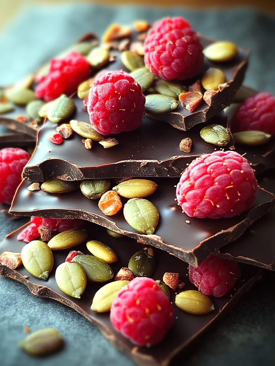 A close up of a piece of dark chocolate bark with raspberries and pumpkin seeds.