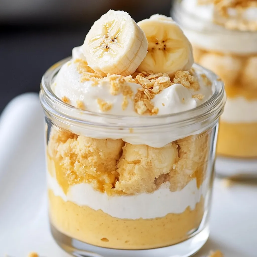 A glass of banana pudding with banana slices on top.