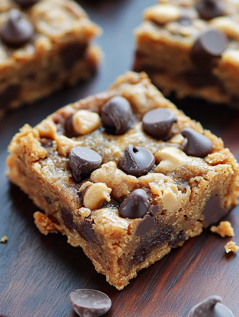 A close up of a chocolate chip peanut butter bar.