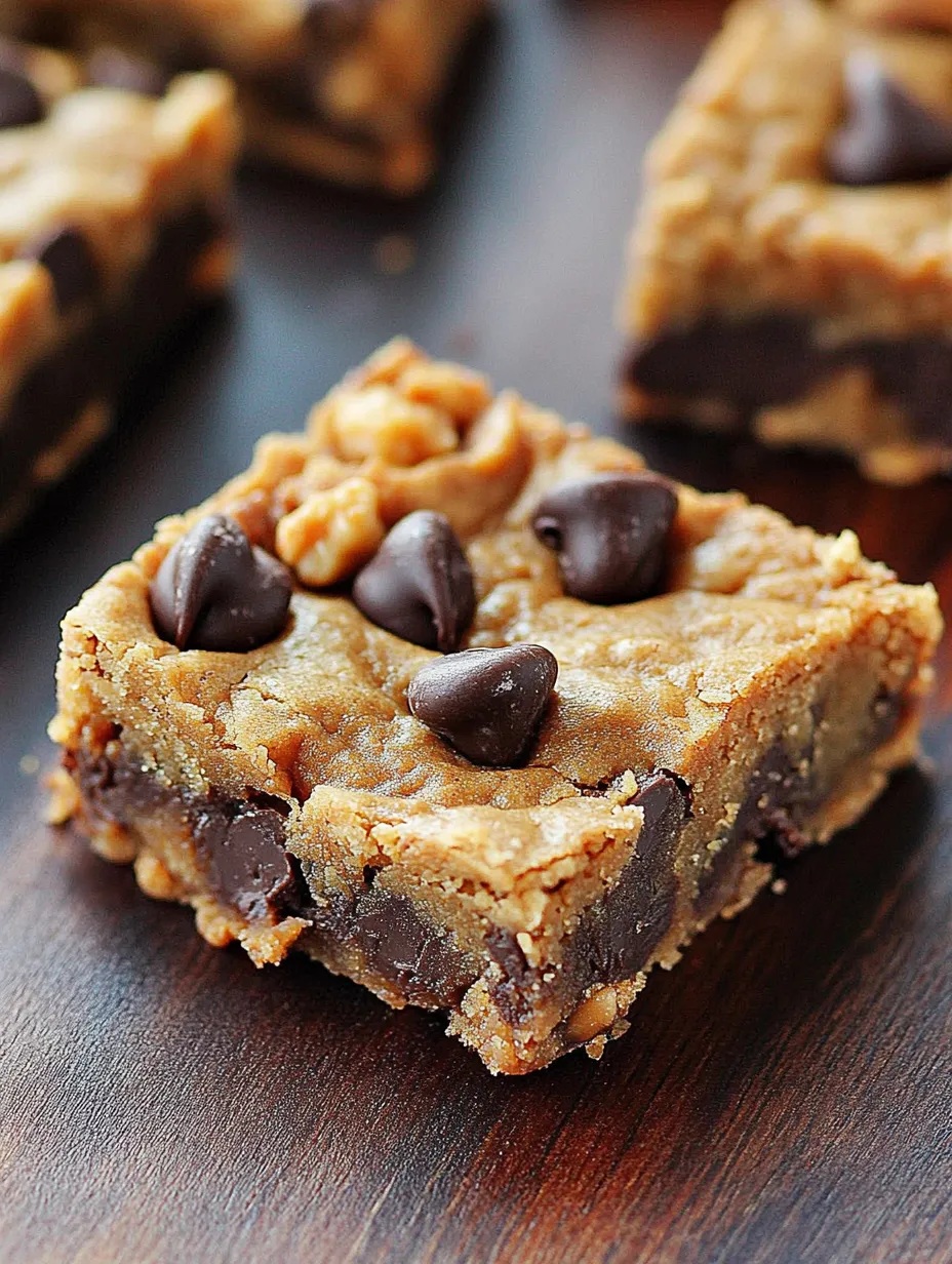 A close up of a chocolate chip peanut butter bar.